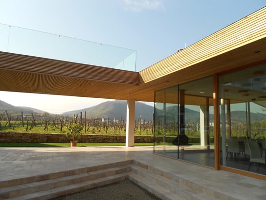 Hotel mit Holzfassade und Ausblickterrasse auf Weingärten